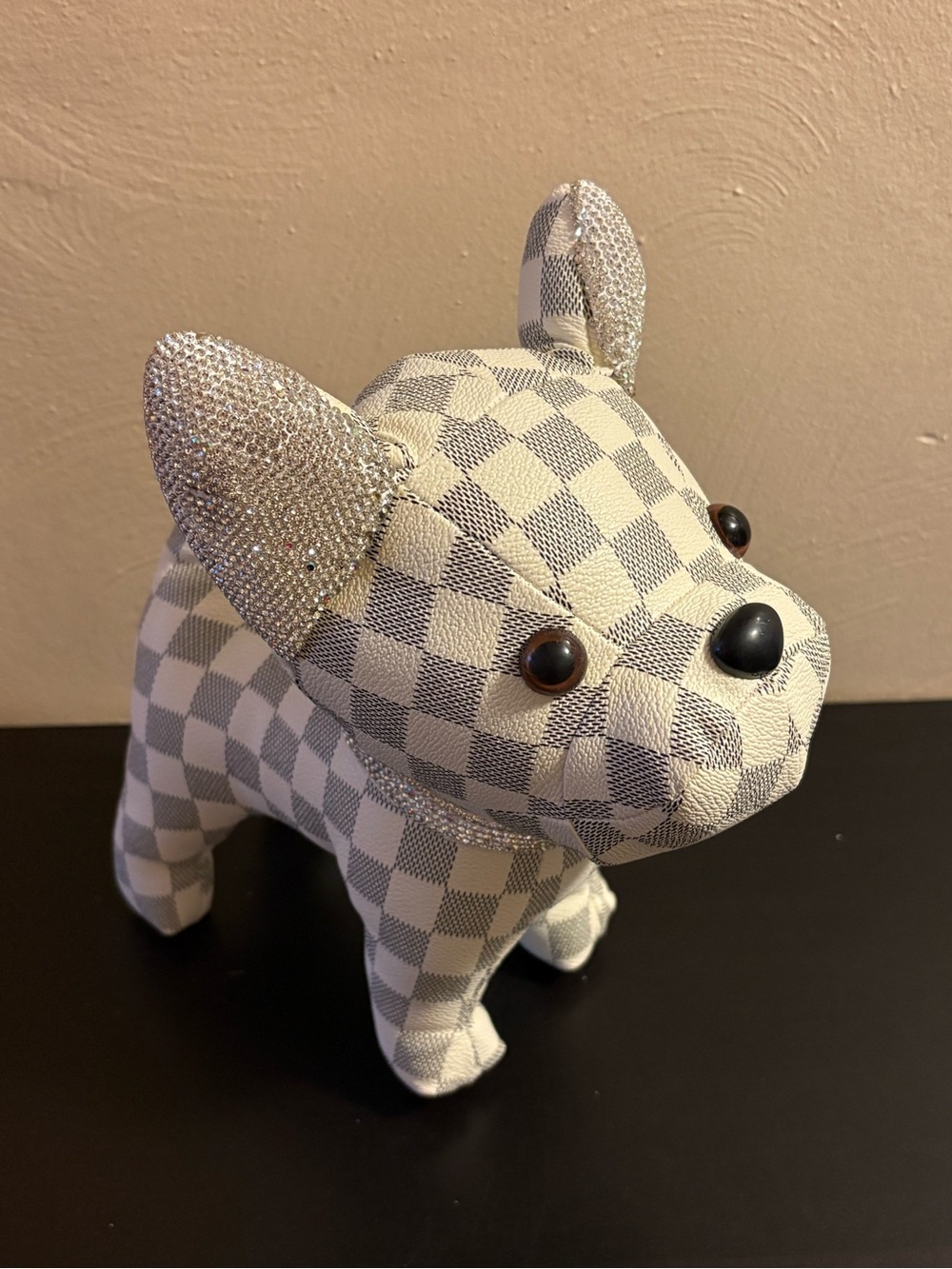 White Checkered Plush Dog Bulldog Doll w/ Rhinestone Ears - missing rhinestones